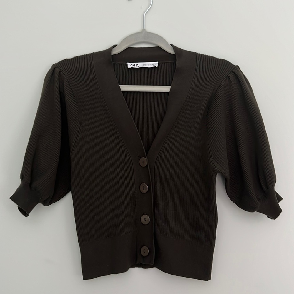 Women’s Zara Dark Forest Green Ribbed 3/4 Puff Sleeve Cardigan Sz Medium